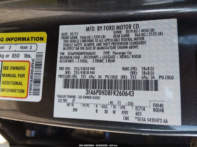 Продажа на аукционе авто 2015 Ford Fusion Se, vin: 3FA6P0HD8FR260643, номер лота: 45982564