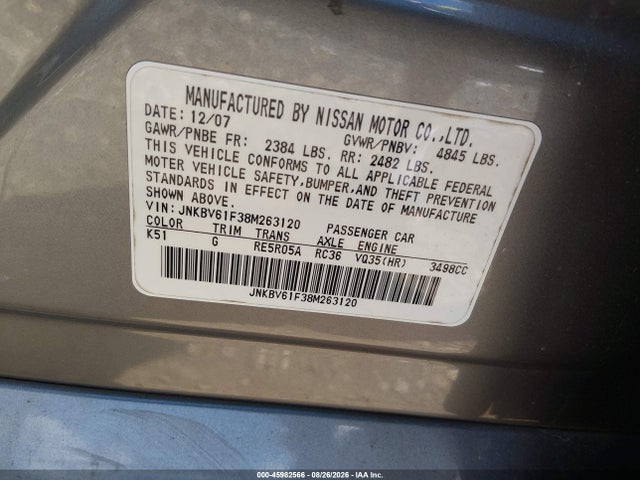 Aukcja sprzedaży 2008 Infiniti G35x, vin: JNKBV61F38M263120, numer aukcji: 45982566