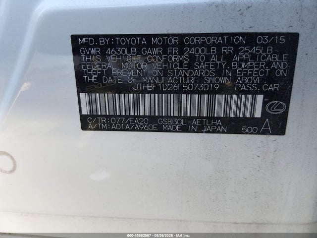 Aukcja sprzedaży 2015 Lexus Is 250, vin: JTHBF1D26F5073019, numer aukcji: 45982567