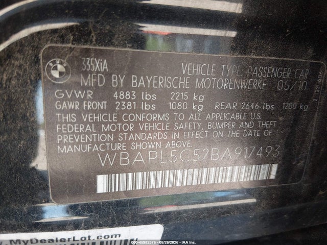 2011 Bmw 335i Xdrive მანქანა იყიდება აუქციონზე, vin: WBAPL5C52BA917493, აუქციონის ნომერი: 45982576
