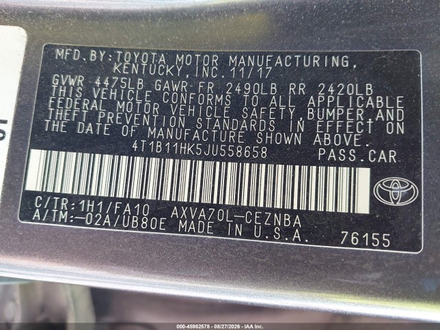 Aukcja sprzedaży 2018 Toyota Camry Le, vin: 4T1B11HK5JU558658, numer aukcji: 45982578