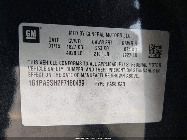45982580 :رقم المزاد ، 1G1PA5SH2F7180439 vin ، 2015 Chevrolet Cruze Ls Auto مزاد بيع