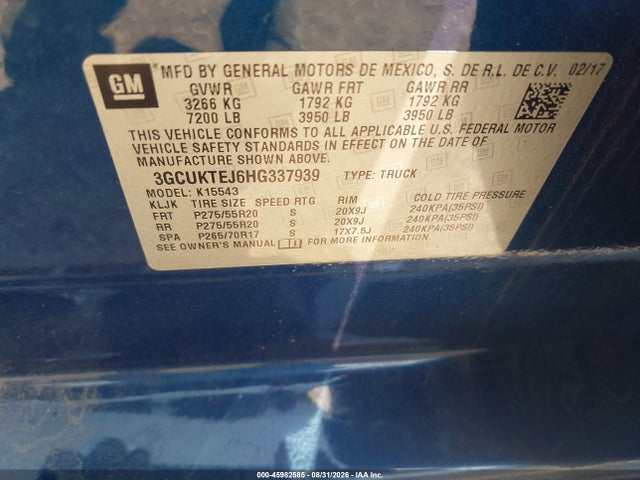 45982585 :رقم المزاد ، 3GCUKTEJ6HG337939 vin ، 2017 Chevrolet Silverado 1500 High Country مزاد بيع