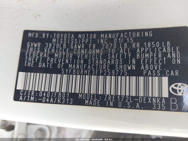 Продаж на аукціоні авто 2015 Toyota Corolla Le, vin: 5YFBURHE3FP259775, номер лоту: 45982592