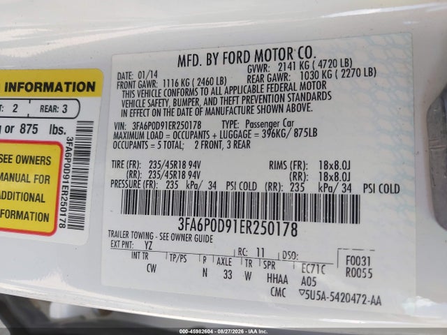 Aukcja sprzedaży 2014 Ford Fusion Titanium, vin: 3FA6P0D91ER250178, numer aukcji: 45982604