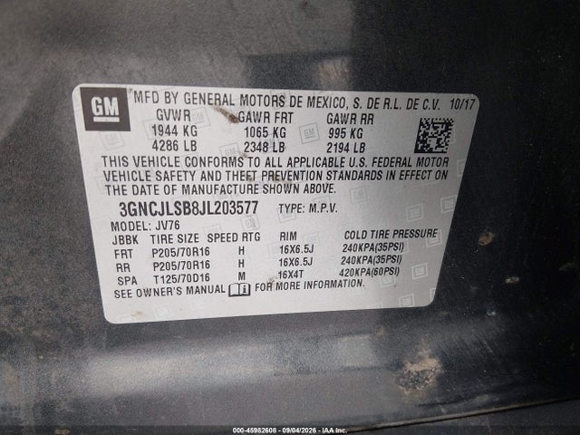 45982608 :رقم المزاد ، 3GNCJLSB8JL203577 vin ، 2018 Chevrolet Trax Lt مزاد بيع
