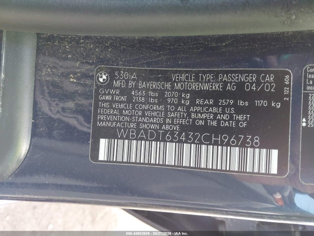 Aukcja sprzedaży 2002 Bmw 530ia, vin: WBADT63432CH96738, numer aukcji: 45982609