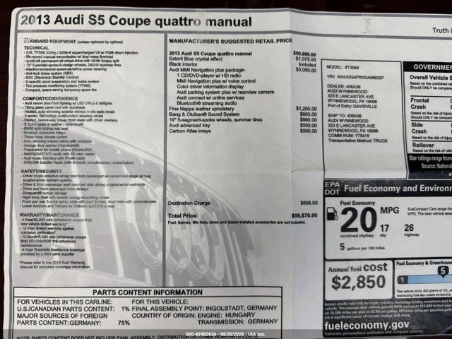 45982634 :رقم المزاد ، WAUGGAFRXDA066297 vin ، 2013 Audi S5 3.0t Premium Plus مزاد بيع