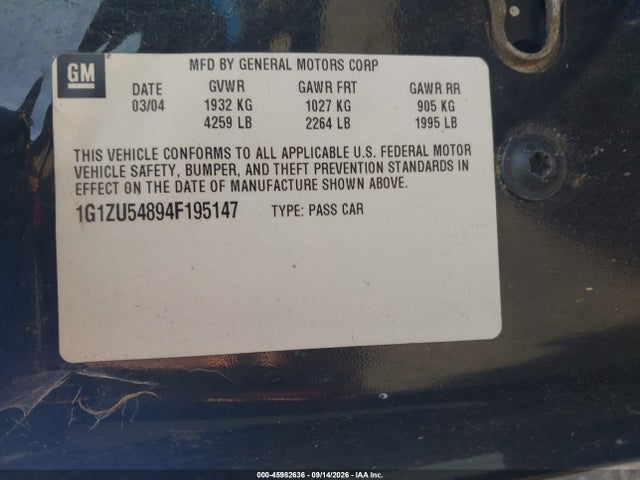 2004 Chevrolet Malibu Lt მანქანა იყიდება აუქციონზე, vin: 1G1ZU54894F195147, აუქციონის ნომერი: 45982636