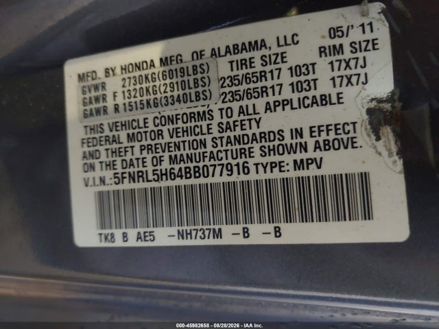 Aukcja sprzedaży 2011 Honda Odyssey Ex-l, vin: 5FNRL5H64BB077916, numer aukcji: 45982658