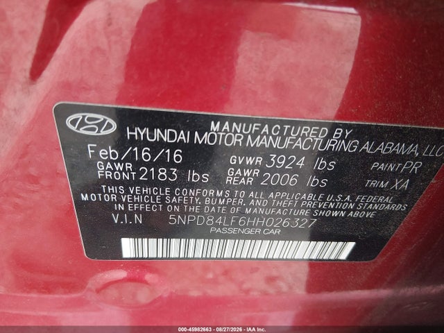 2017 Hyundai Elantra Limited მანქანა იყიდება აუქციონზე, vin: 5NPD84LF6HH026327, აუქციონის ნომერი: 45982663