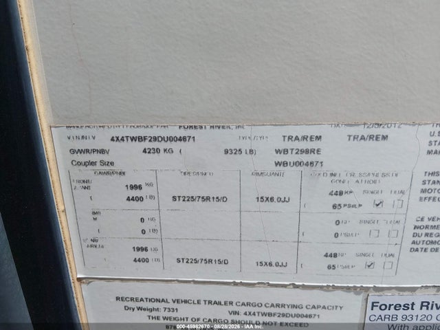 Aukcja sprzedaży 2013 Forest River Wildwood 298re, vin: 4X4TWBF29DU004671, numer aukcji: 45982670
