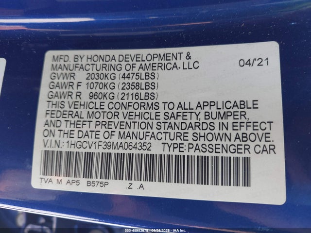 45982679 :رقم المزاد ، 1HGCV1F39MA064352 vin ، 2021 Honda Accord Sport مزاد بيع