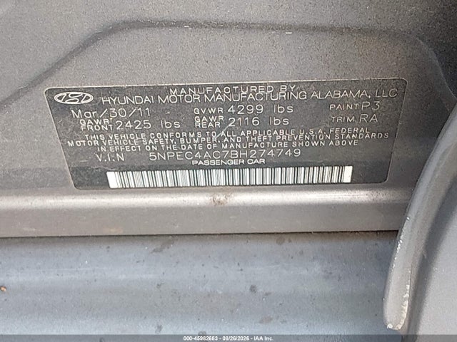 Продаж на аукціоні авто 2011 Hyundai Sonata Se, vin: 5NPEC4AC7BH274749, номер лоту: 45982683