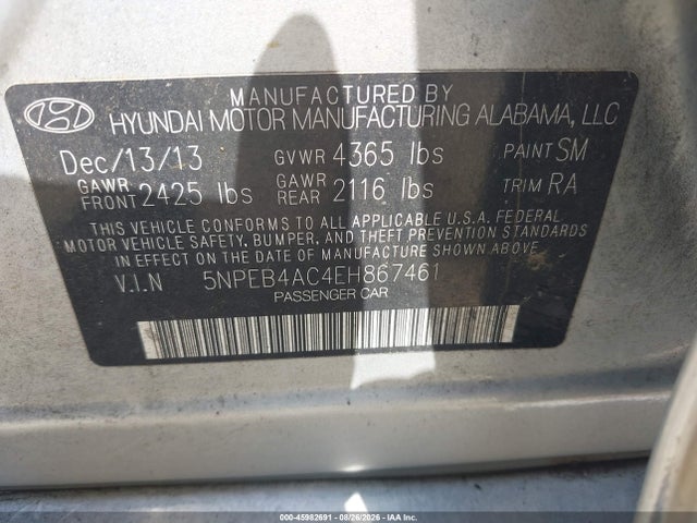 2014 Hyundai Sonata Gls მანქანა იყიდება აუქციონზე, vin: 5NPEB4AC4EH867461, აუქციონის ნომერი: 45982691