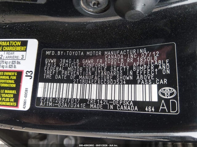 45982692 :رقم المزاد ، 2T1BU4EEXCC903534 vin ، 2012 Toyota Corolla S مزاد بيع
