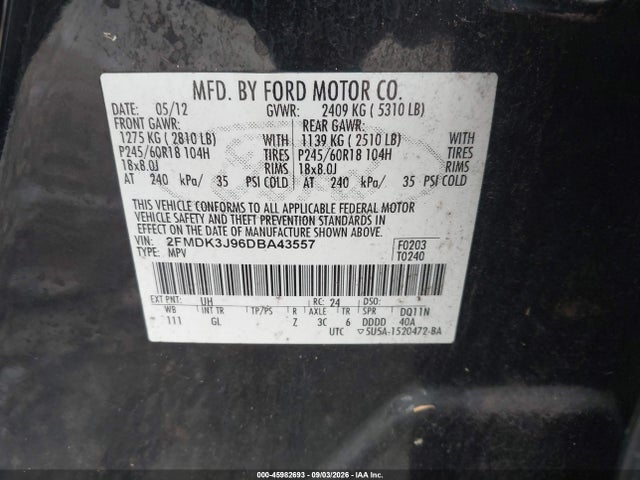 Auction sale of the 2013 Ford Edge Sel, vin: 2FMDK3J96DBA43557, lot number: 45982693
