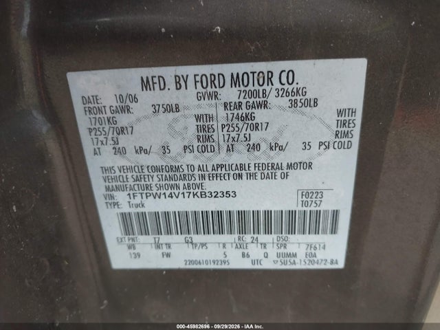 Продажа на аукционе авто 2007 Ford F-150 Fx4/lariat/xlt, vin: 1FTPW14V17KB32353, номер лота: 45982696