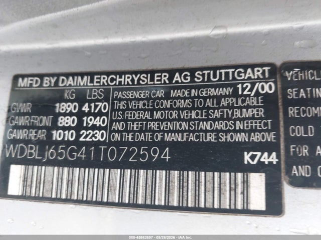 Продаж на аукціоні авто 2001 Mercedes-benz Clk 320, vin: WDBLJ65G41T072594, номер лоту: 45982697