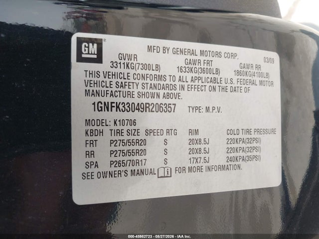 2009 Chevrolet Tahoe Ltz მანქანა იყიდება აუქციონზე, vin: 1GNFK33049R206357, აუქციონის ნომერი: 45982723