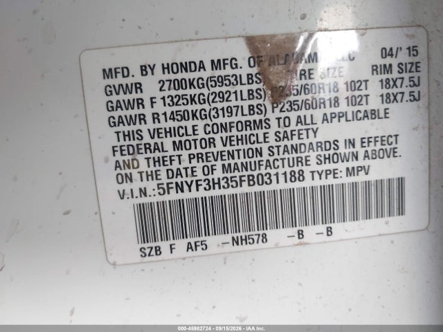 Aukcja sprzedaży 2015 Honda Pilot Se, vin: 5FNYF3H35FB031188, numer aukcji: 45982724