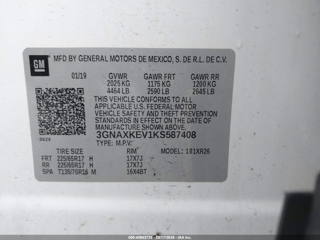 Продажа на аукционе авто 2019 Chevrolet Equinox Lt, vin: 3GNAXKEV1KS587408, номер лота: 45982735