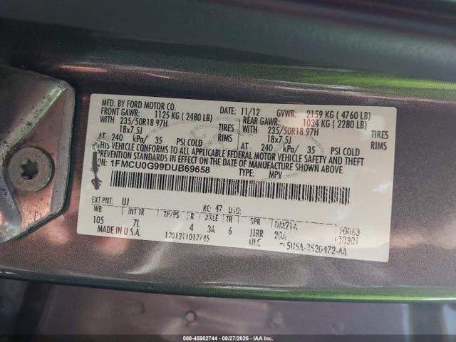 2013 Ford Escape Se მანქანა იყიდება აუქციონზე, vin: 1FMCU0G99DUB69658, აუქციონის ნომერი: 45982744