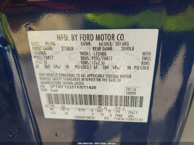 2007 Ford F-150 Stx/xl/xlt მანქანა იყიდება აუქციონზე, vin: 1FTRF12257KB11426, აუქციონის ნომერი: 45982766