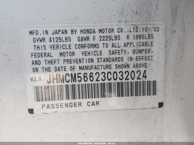 2003 Honda Accord 2.4 Ex მანქანა იყიდება აუქციონზე, vin: JHMCM56623C032024, აუქციონის ნომერი: 45982768