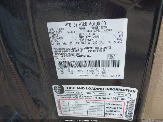 Auction sale of the 2010 Ford F-150 Fx2 Sport/harley-davidson/king Ranch/lariat/platinum/xl/xlt, vin: 1FTFW1CV2AKB59162, lot number: 45982776