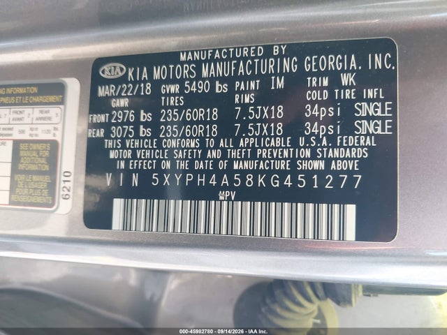Aukcja sprzedaży 2019 Kia Sorento 3.3l Ex, vin: 5XYPH4A58KG451277, numer aukcji: 45982780