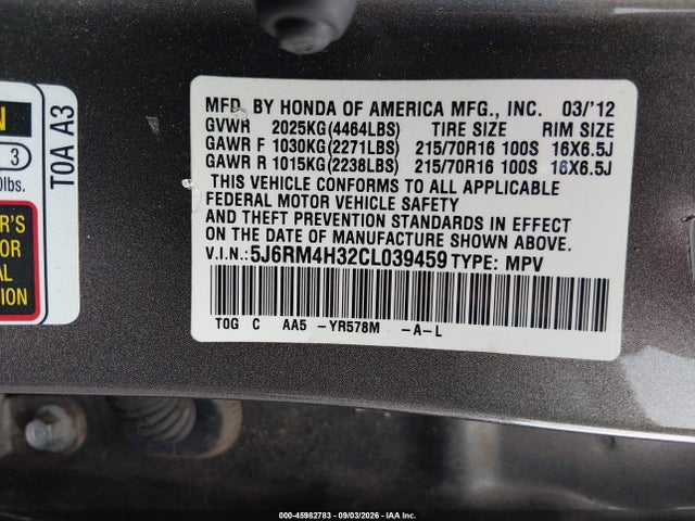 45982783 :رقم المزاد ، 5J6RM4H32CL039459 vin ، 2012 Honda Cr-v Lx مزاد بيع