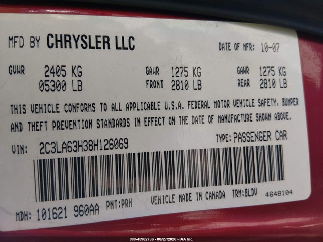 Aukcja sprzedaży 2008 Chrysler 300c Hemi, vin: 2C3LA63H38H126069, numer aukcji: 45982786