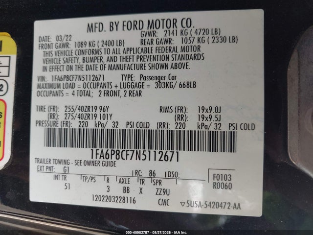 Aukcja sprzedaży 2022 Ford Mustang Gt Premium Fastback, vin: 1FA6P8CF7N5112671, numer aukcji: 45982787