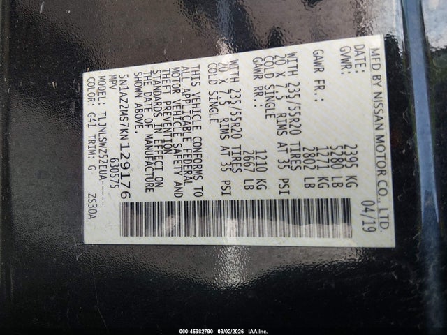45982790 :رقم المزاد ، 5N1AZ2MS7KN129176 vin ، 2019 Nissan Murano Platinum مزاد بيع