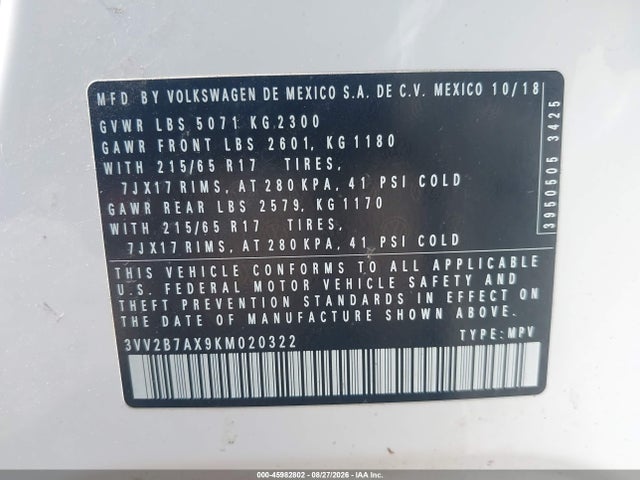 Aukcja sprzedaży 2019 Volkswagen Tiguan, vin: 3VV2B7AX9KM020322, numer aukcji: 45982802