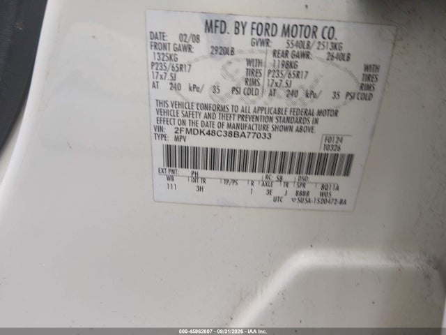 2008 Ford Edge Sel მანქანა იყიდება აუქციონზე, vin: 2FMDK48C38BA77033, აუქციონის ნომერი: 45982807