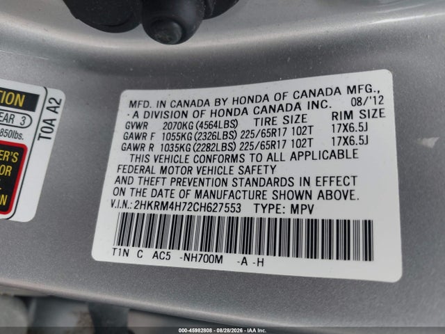 Aukcja sprzedaży 2012 Honda Cr-v Ex-l, vin: 2HKRM4H72CH627553, numer aukcji: 45982808