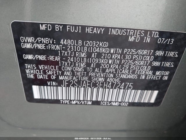 Aukcja sprzedaży 2014 Subaru Forester 2.5i Premium, vin: JF2SJAEC3EH472475, numer aukcji: 45982826