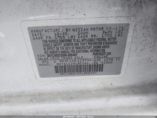 Продаж на аукціоні авто 2021 Nissan Versa S Xtronic Cvt, vin: 3N1CN8DV5ML808407, номер лоту: 45982831