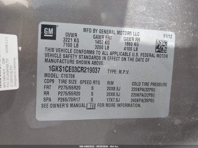 Продажа на аукционе авто 2012 Gmc Yukon Slt, vin: 1GKS1CE03CR219037, номер лота: 45982832