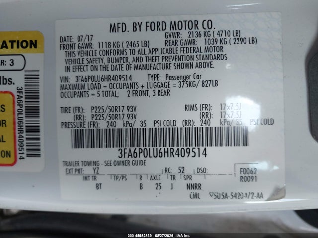 Aukcja sprzedaży 2017 Ford Fusion Hybrid Se, vin: 3FA6P0LU6HR409514, numer aukcji: 45982839
