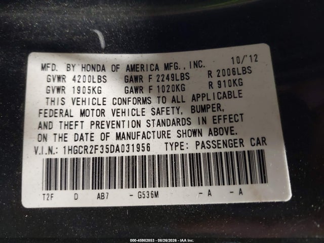 45982853 :رقم المزاد ، 1HGCR2F35DA031956 vin ، 2013 Honda Accord Lx مزاد بيع