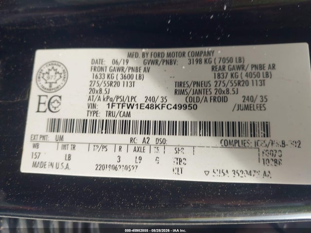 45982855 :رقم المزاد ، 1FTFW1E48KFC49950 vin ، 2019 Ford F-150 Lariat مزاد بيع