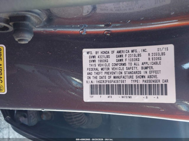 45982865 :رقم المزاد ، 1HGCR2F85FA097597 vin ، 2015 Honda Accord Ex-l مزاد بيع
