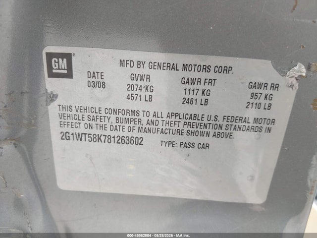 Продаж на аукціоні авто 2008 Chevrolet Impala Lt, vin: 2G1WT58K781263602, номер лоту: 45982884