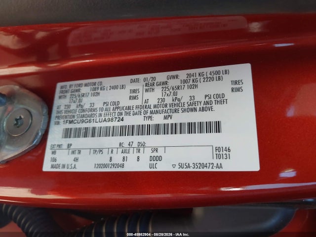 Продажа на аукционе авто 2020 Ford Escape Se, vin: 1FMCU9G61LUA98724, номер лота: 45982904