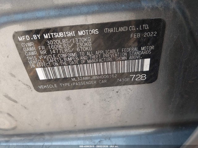 Aukcja sprzedaży 2022 Mitsubishi Mirage Black Edition, vin: ML32AWHJ8NH006162, numer aukcji: 45982910