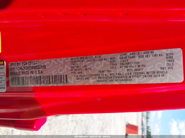 Продажа на аукционе авто 2021 Jeep Wrangler Unlimited Sport S 4x4, vin: 1C4HJXDN5MW532698, номер лота: 45982914