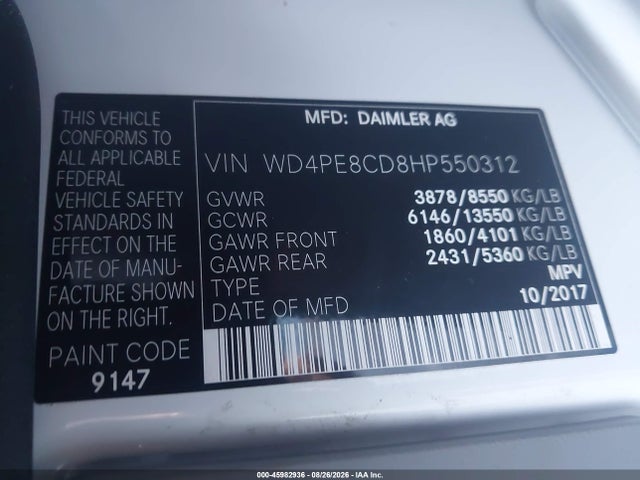 Продаж на аукціоні авто 2017 Mercedes-benz Sprinter 2500 High Roof V6, vin: WD4PE8CD8HP550312, номер лоту: 45982936